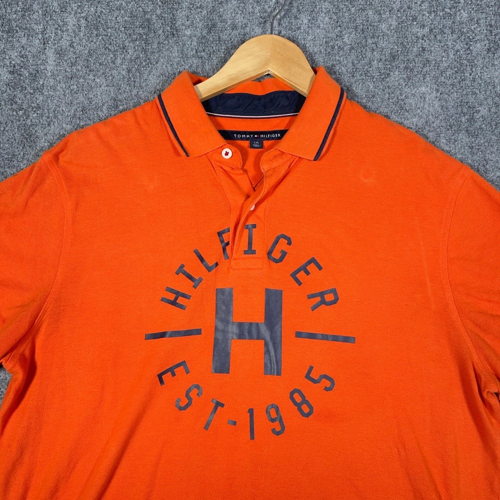 Tommy Hilfiger Polo Shirt Mens L Orange Logo Short Sleeve Cotton Casual #AB441 - Picture 2 of 10